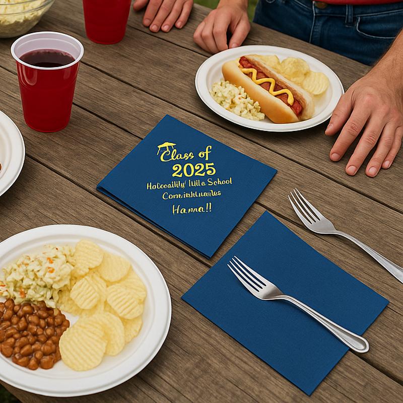 Personalized 2025 graduation napkins on a picnic table with food and drink