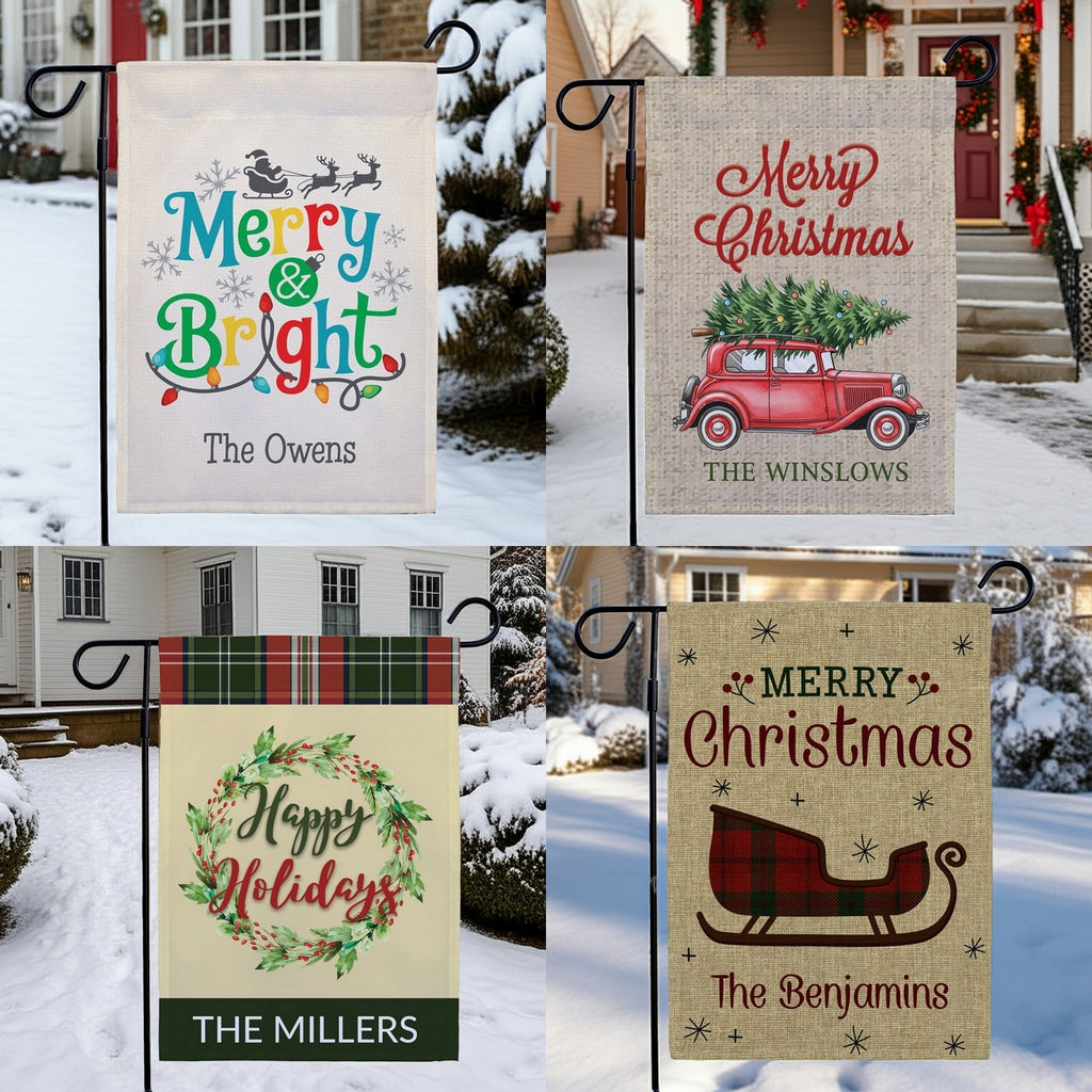 Personalized Christmas garden and yard flags in assorted themes and designs