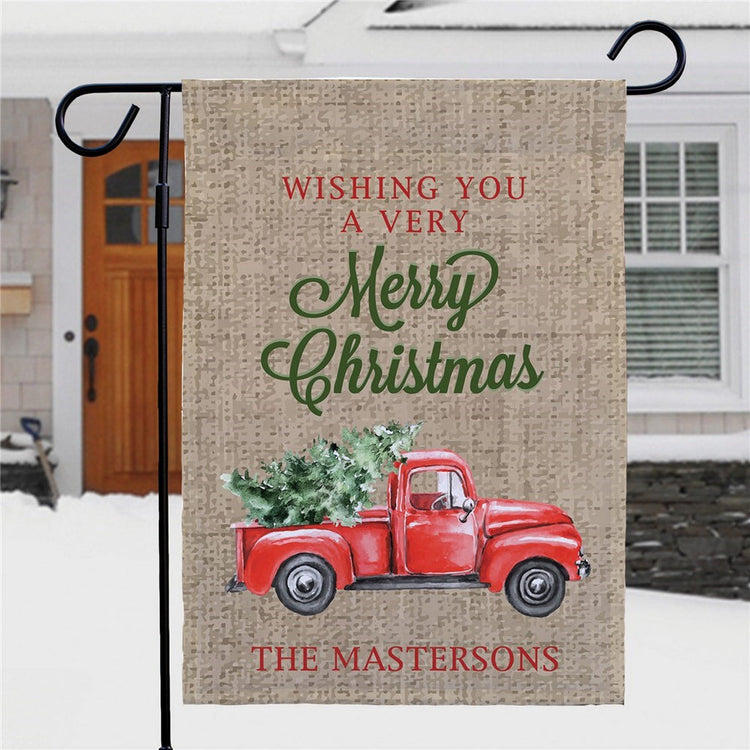 Wishing you a very merry Christmas vintage red truck gardn flag personalized with family name