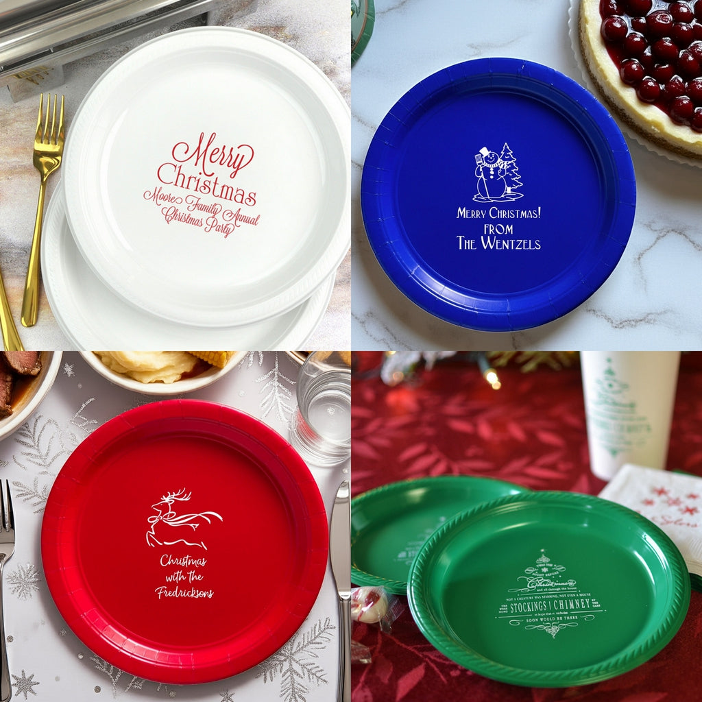 Plastic and paper dinner and appetizer plates personalized for Christmas