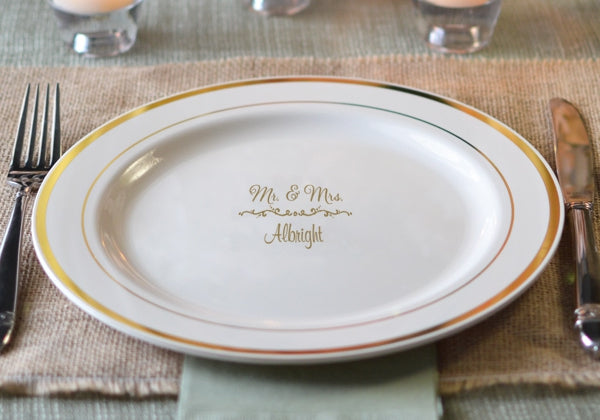 Reusable hard plastic wedding plate personalized with mr and mrs design and married couple name