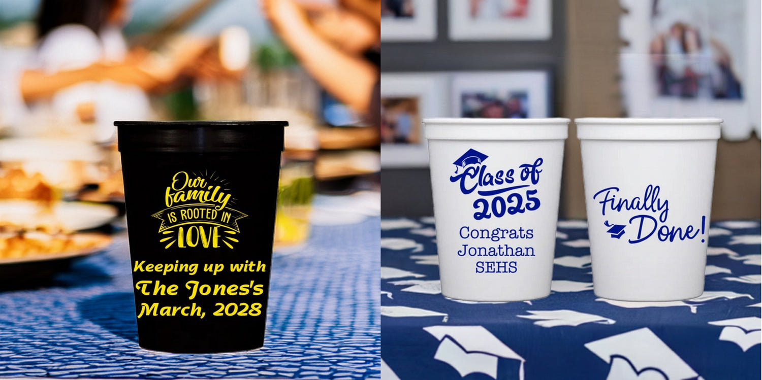 Personalized stadium cups with custom text for family events and graduation celebrations