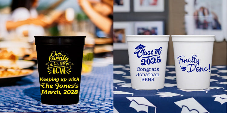 Personalized stadium cups with custom text for family events and graduation celebrations