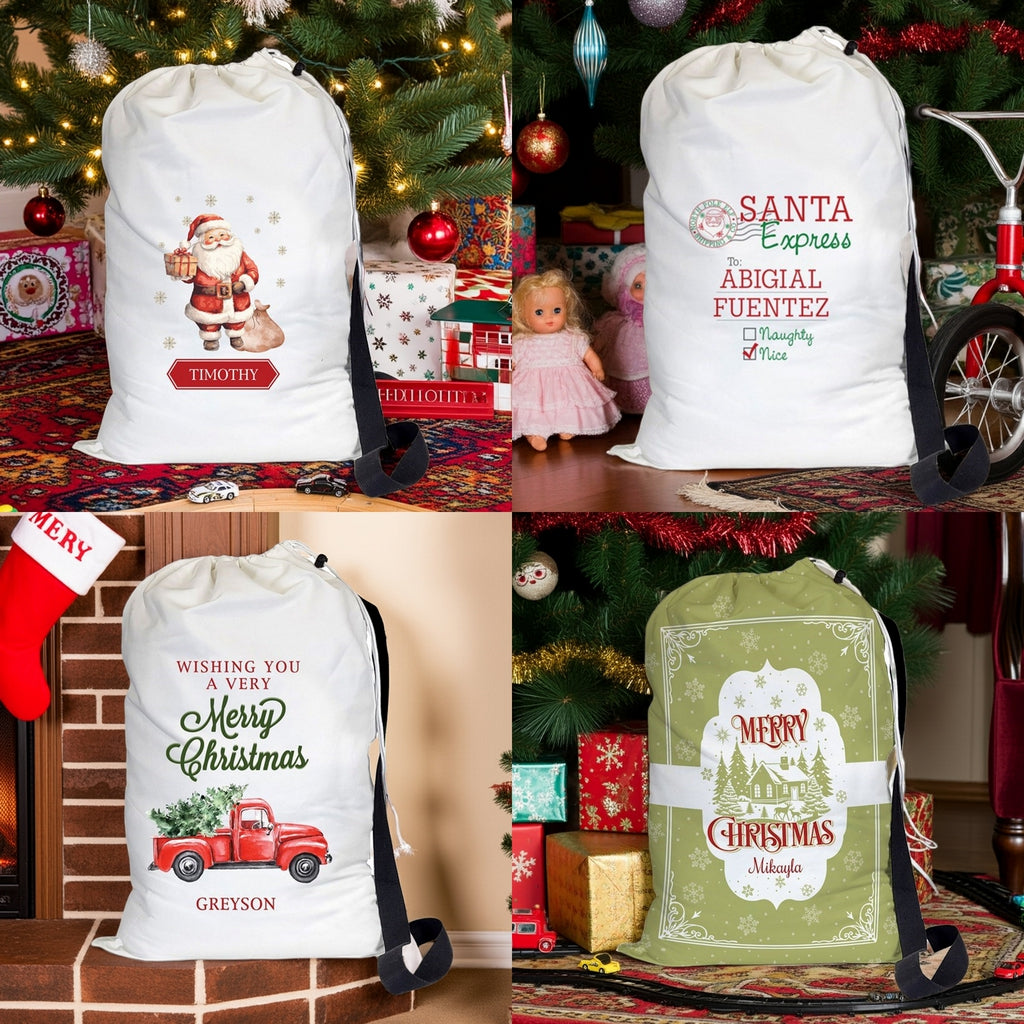 Personalized santa sacks with festive designs, perfect for holiday gift giving under the Christmas tree