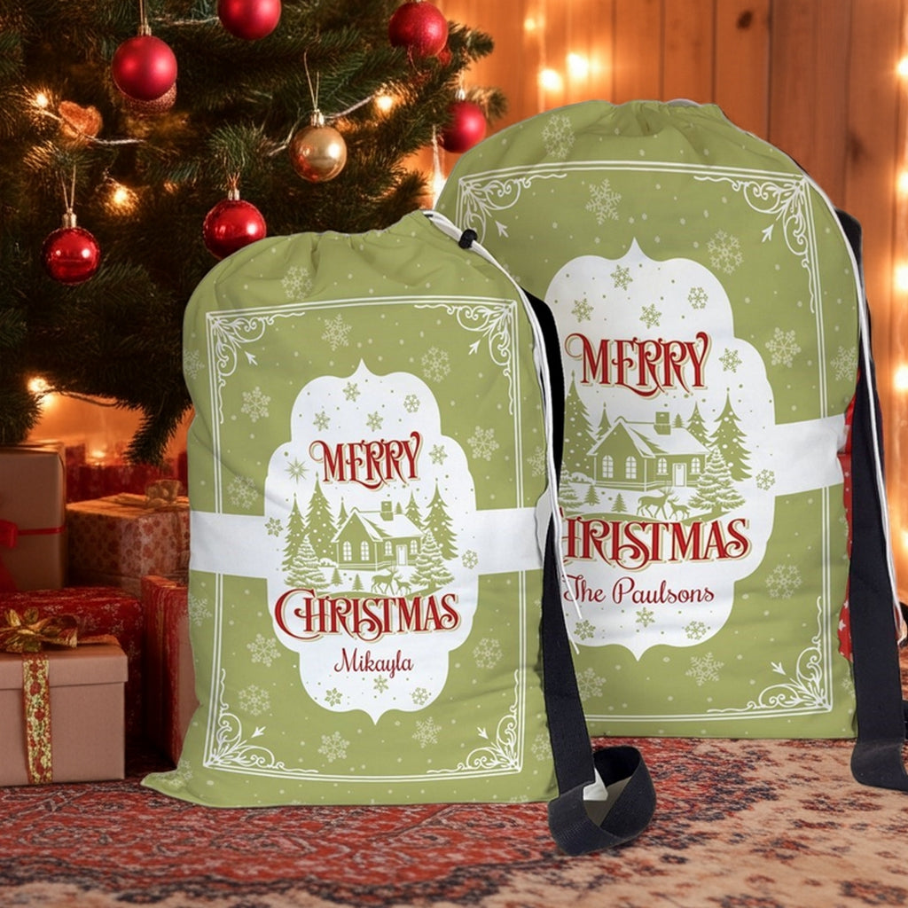Personalized santa sacks with festive designs, perfect for holiday gift giving under the Christmas tree