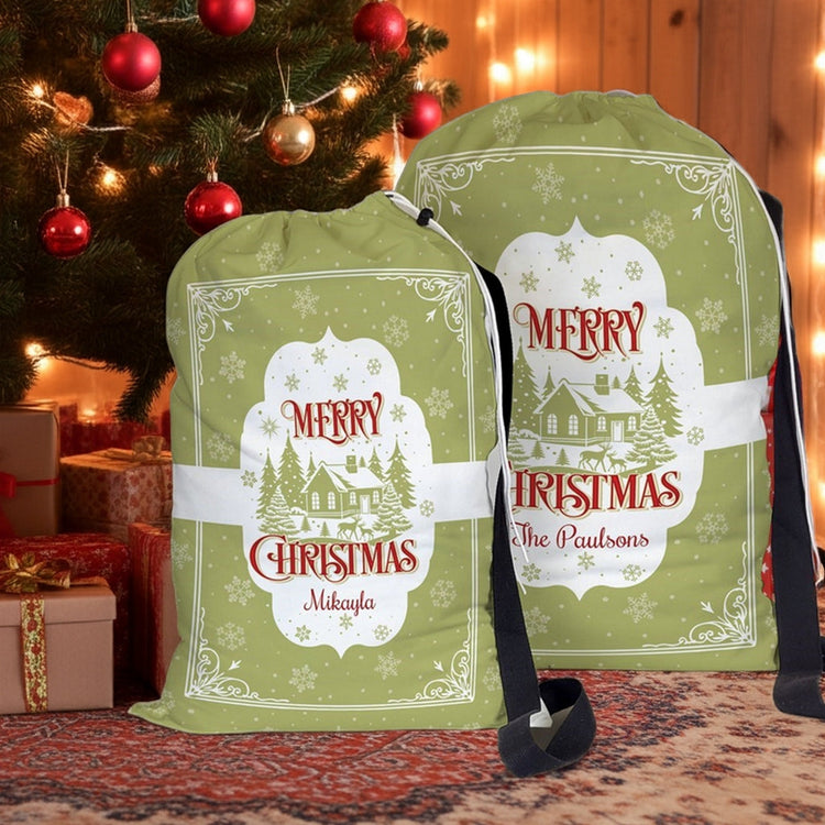 Personalized santa sacks with festive designs, perfect for holiday gift giving under the Christmas tree