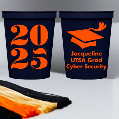 2025 Block and Grad Cap graduation clip art personalized win navy color plastic stadium cups with orange print color