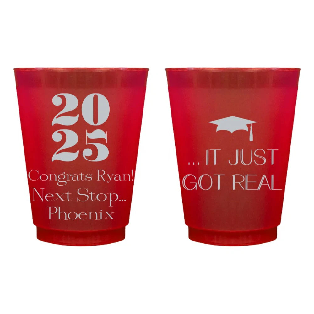 Red plastic frost cups personalized for 2025 graduation party in silver print