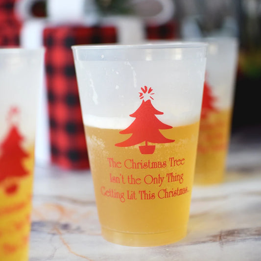 20 Ounce clear frosted reusable beer cups personalized with Christmas tree design and 3 lines of text in red print