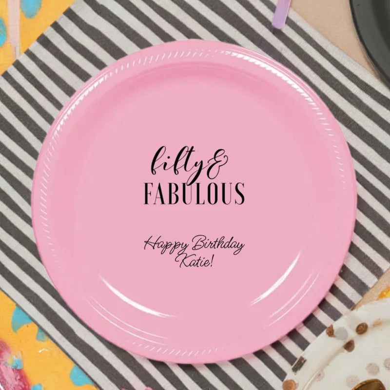 pink plastic birthday plate personalized for 50th birthday