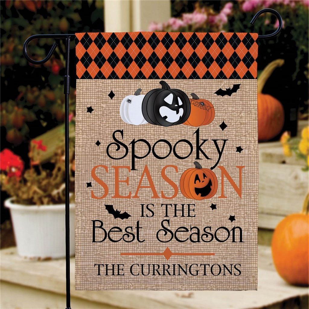 Personalized Halloween garden flag burlap design with pumpkins jack o lanterns and Spooky Season text