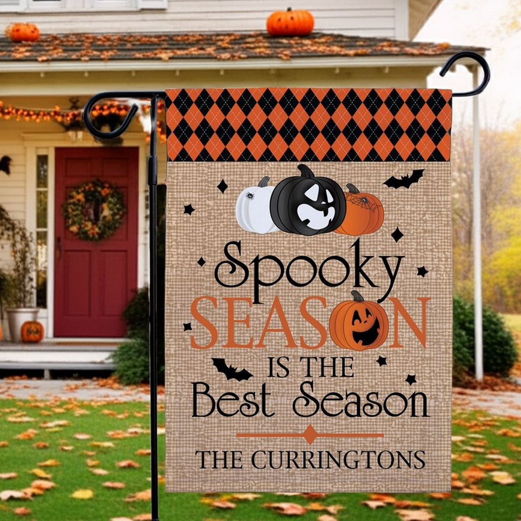 Personalized Halloween garden flag with burlap Spooky Season design pumpkins bats and family name