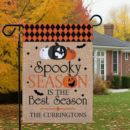 Personalized Halloween garden flag with pumpkins bats burlap design and family name