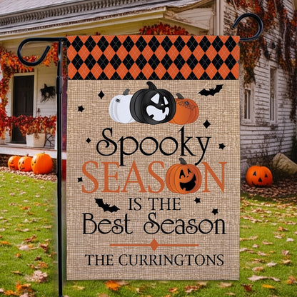 Personalized Halloween garden flag burlap Spooky Season design with pumpkins bats and family name The Curringtons