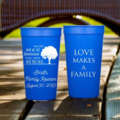 Blue personalized family reunion cups by Tippytoad with family tree design and reunion date