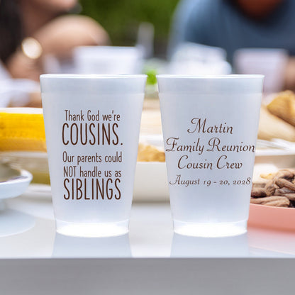 Personalized family reunion cups with custom cousin messages and date for a Martin family gathering