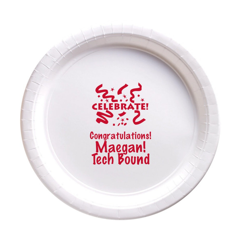 White 7 Inch paper graduation appetizer plate personalized with "Celebrate!" design and text "Congratulations! [Graduate Name]!, Tech Bound" in red print