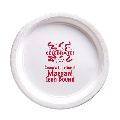 White 7 Inch paper graduation appetizer plate personalized with "Celebrate!" design and text "Congratulations! [Graduate Name]!, Tech Bound" in red print