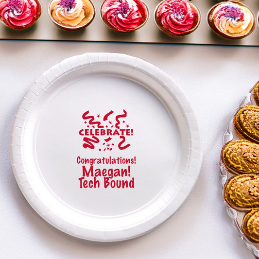 White 7 Inch paper graduation appetizer plate personalized with "Celebrate!" design and text "Congratulations! [Graduate Name]!, Tech Bound" in red print next to cookies and cupcakes