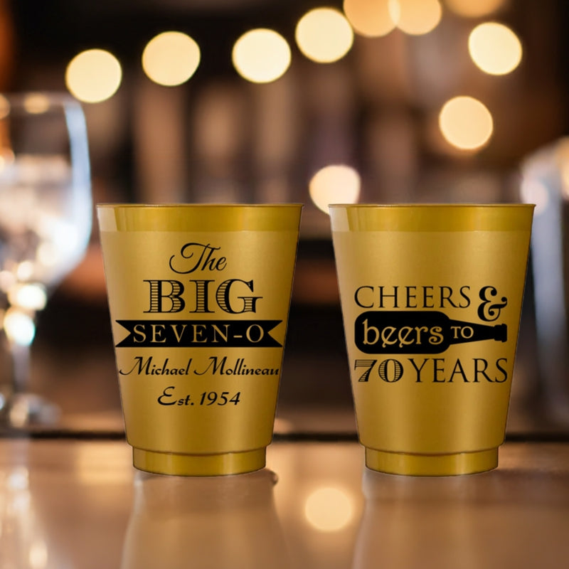 'Cheers and Beers to 70 Years seventieth birthday party cups. Gold frost cups personalized with black print.