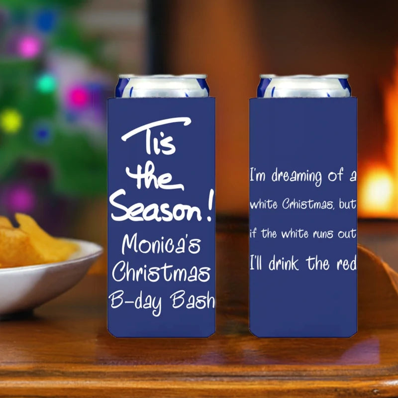 Blue holiday slim can coolers personalized with tis the season design and custom text in white print for Christmas birthday favors