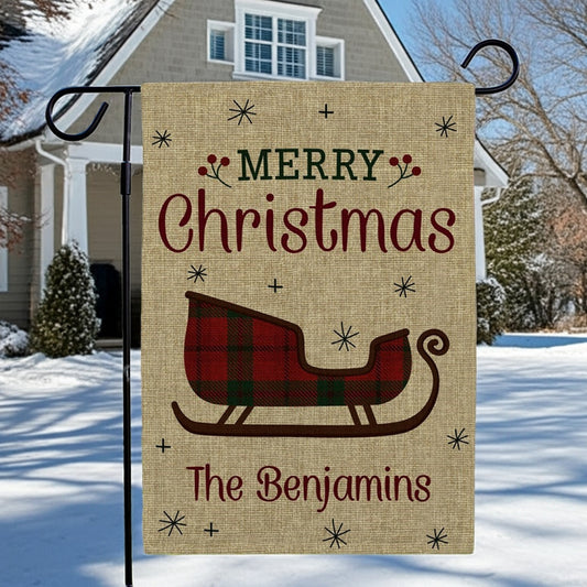 Merry Christmas Garden Flag with Sleigh Design and Custom Name for Holiday Decor