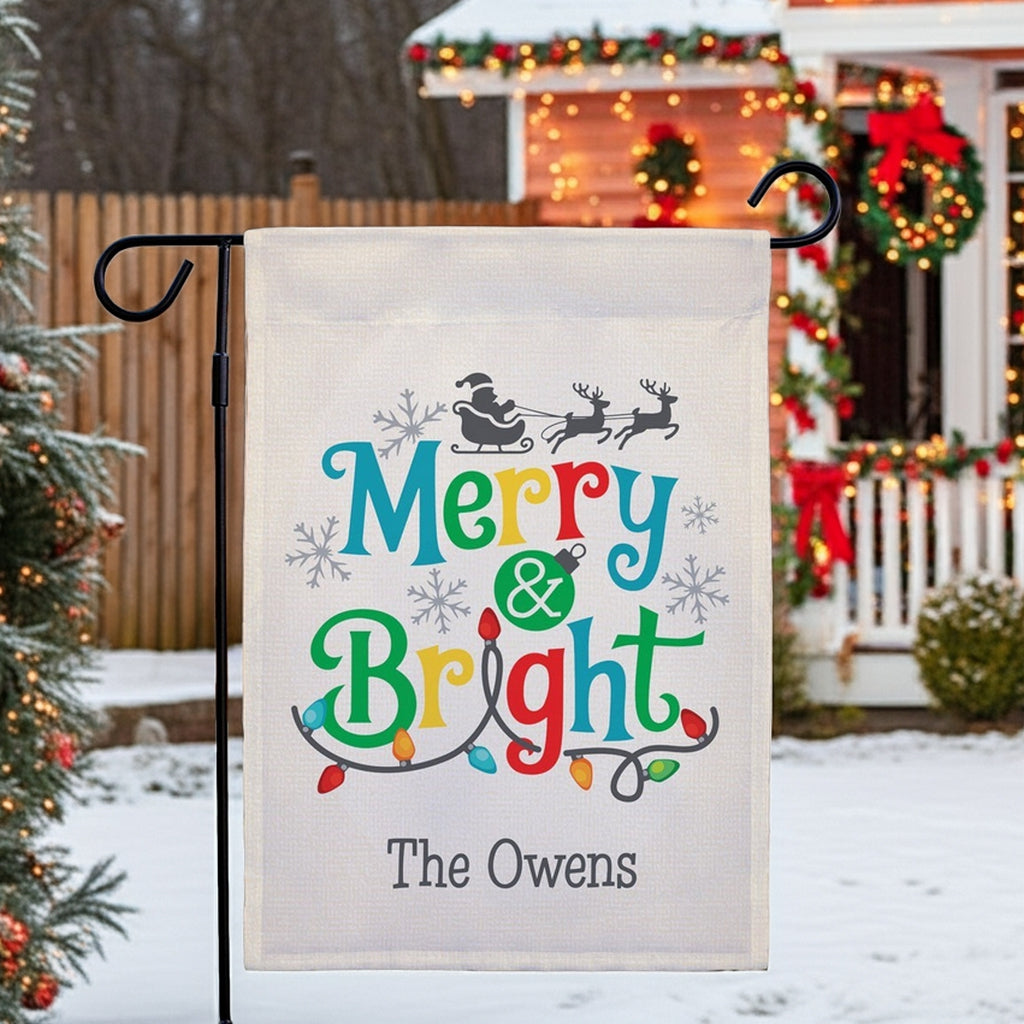 Personalized christmas garden flag featuring 'Merry & Bright' design with festive colors and snowflakes