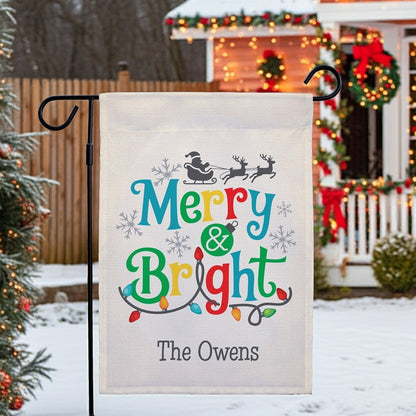 Personalized christmas garden flag featuring 'Merry & Bright' design with festive colors and snowflakes