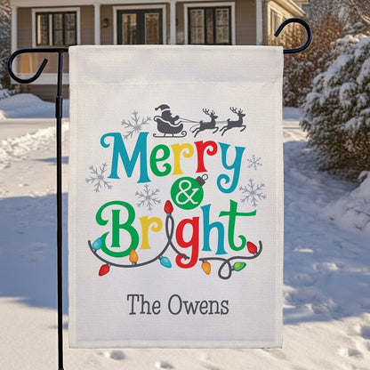 Christmas garden flag personalized with 'Merry & Bright' and festive design for holiday decoration