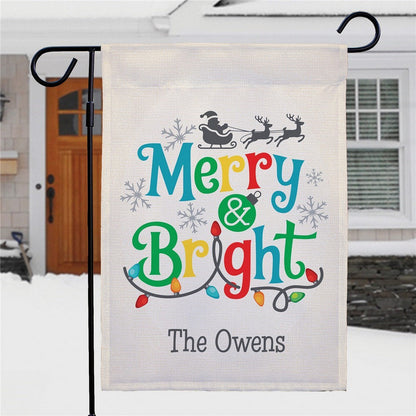 Christmas garden flag personalized with Merry and Bright design for festive outdoor decor