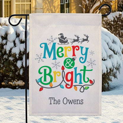 Christmas garden flag personalized with 'Merry & Bright' design and family name The Owens