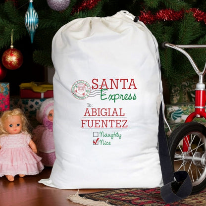 Personalized Christmas gift sack by Pro Gift Source featuring Santa Express design for gifts