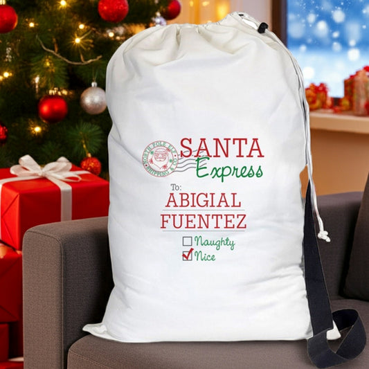 Personalized Christmas gift sack with Santa Express design for holding holiday presents