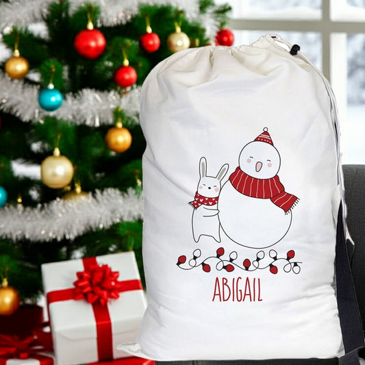 Personalized Christmas Gift Sack featuring a snowy scene with a snowman and a bunny for festive gifting