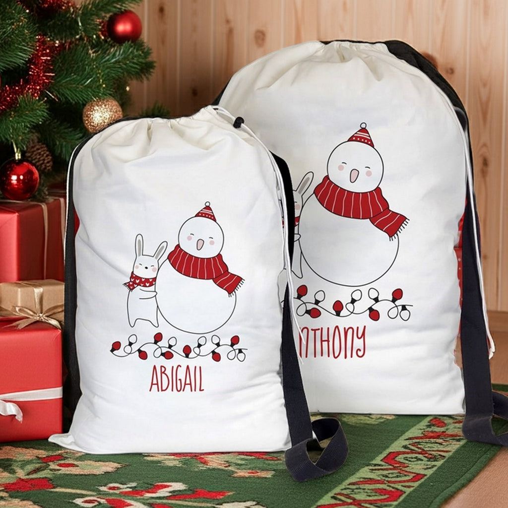 Christmas gift sack featuring customizable snowman design with names for festive gifting