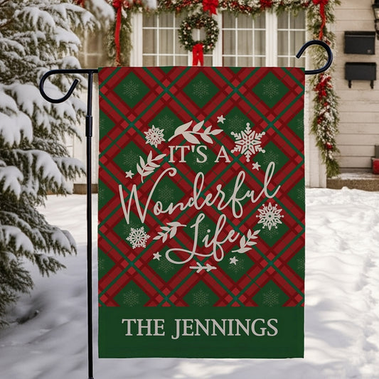 Christmas garden flag with plaid design and text It's A Wonderful Life for festive decoration