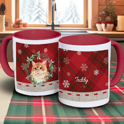 Christmas mug customized with cat wreath watercolor image and cat name on kitchen table