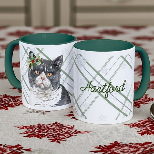 Christmas mug featuring a cat design and holiday plaid pattern customized with name