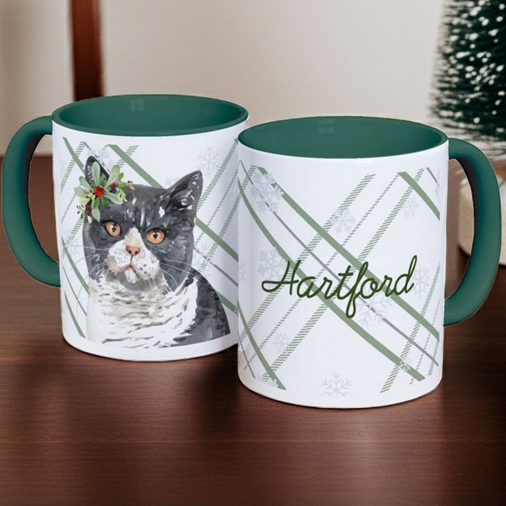Christmas Mug featuring a festive cat design with personalized text for holiday drinks