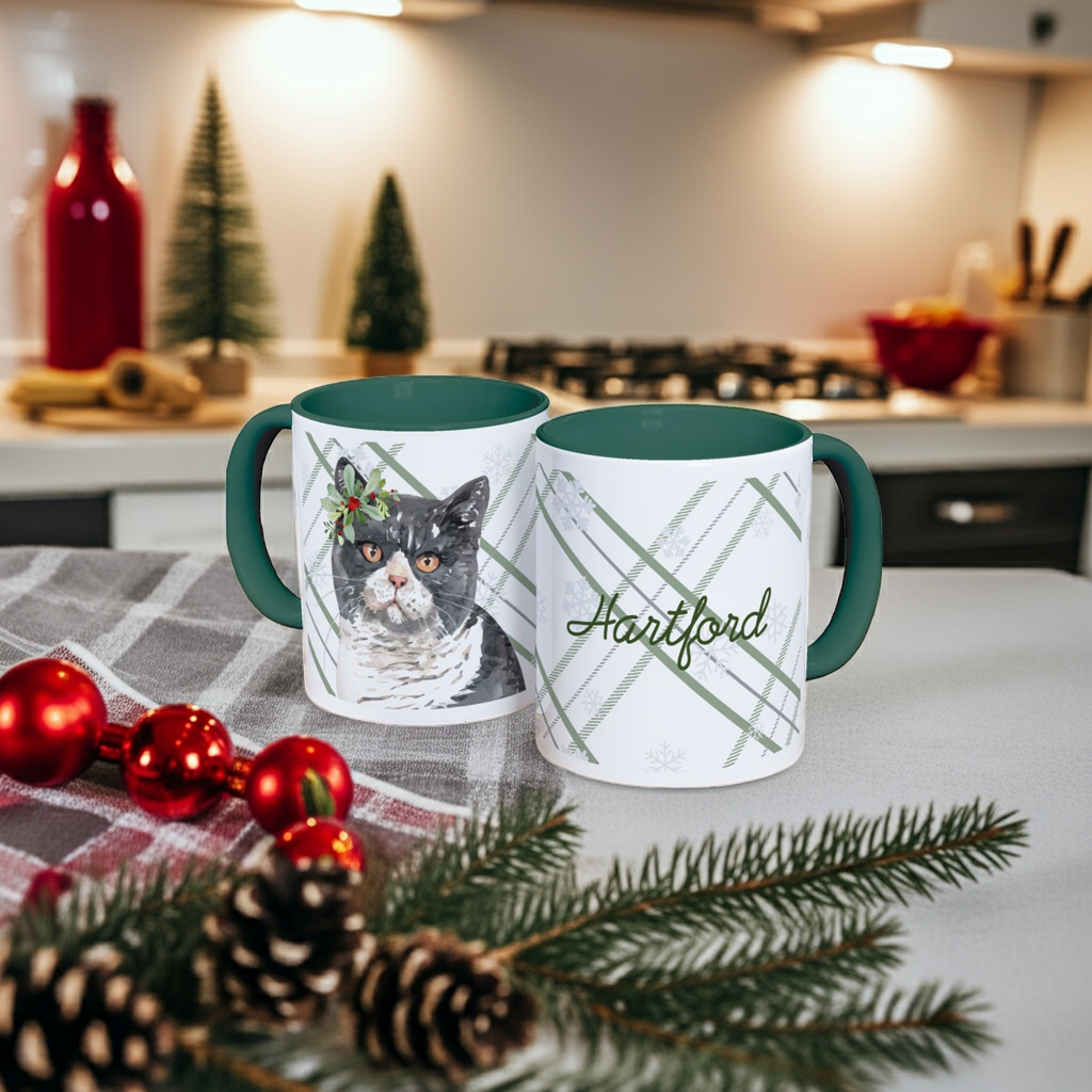 Christmas Mug featuring a cat design and festive plaid patterns for holiday cheer