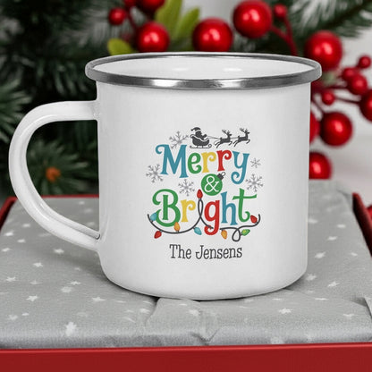 Christmas mug featuring Merry and Bright design with colorful Christmas lights personalized with family name