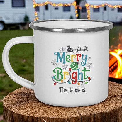 Personalized Christmas mug with 'Merry & Bright' design and family name