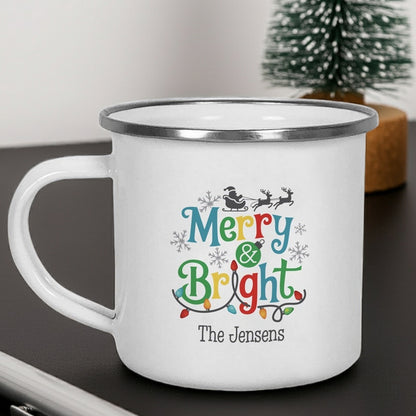 Christmas mug with colorful 'Merry & Bright' design personalized with family name