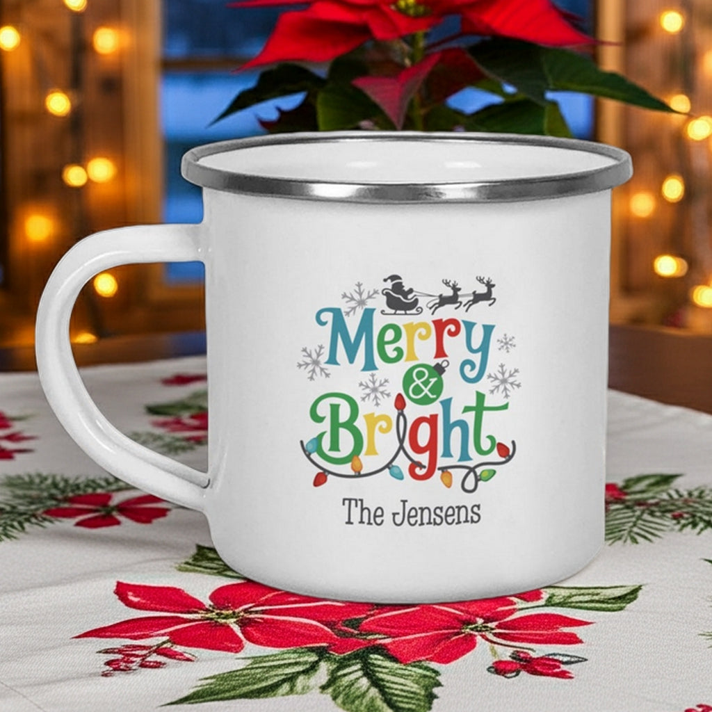 Christmas mug featuring 'Merry & Bright' design personalized with family name