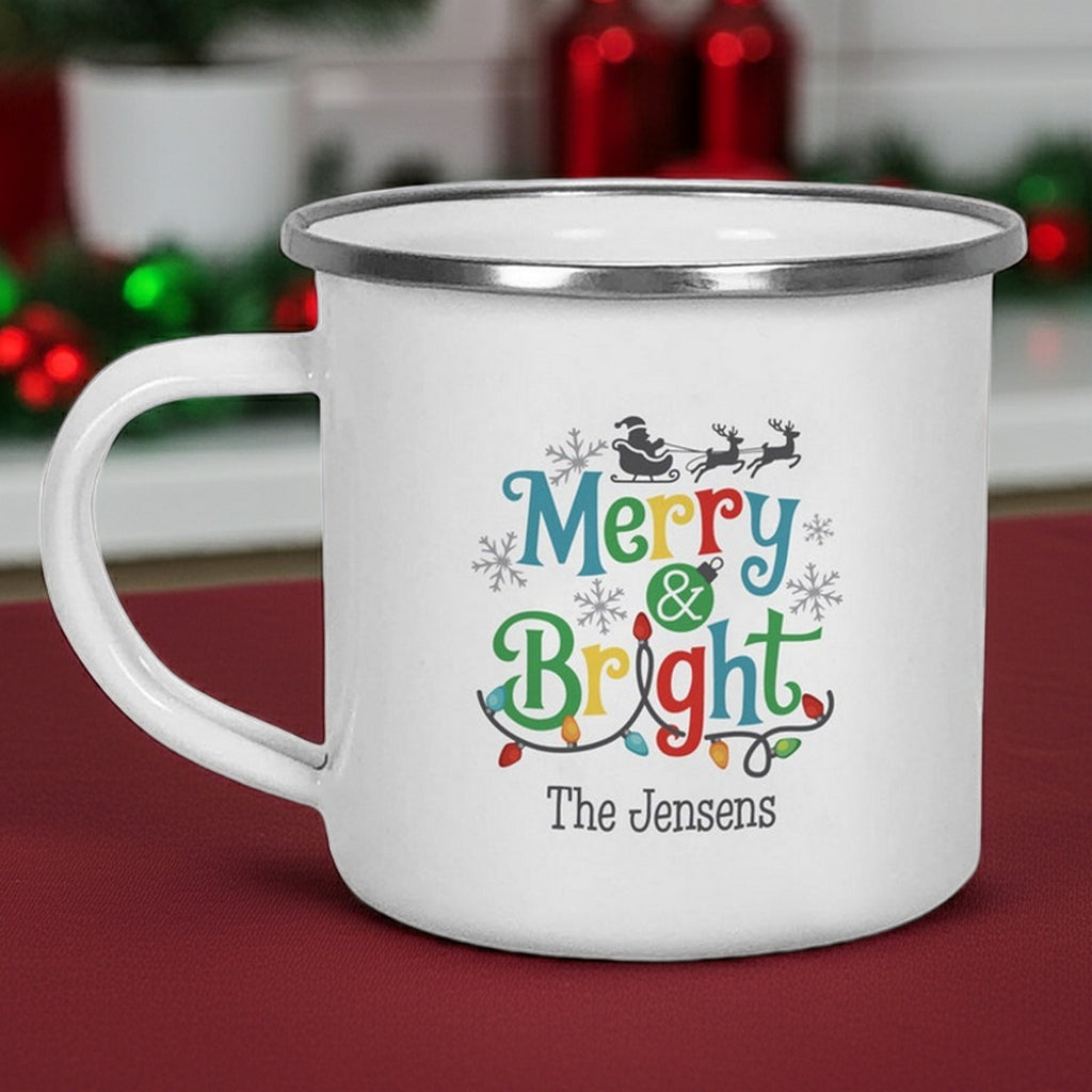 Customized Christmas mug featuring colorful 'Merry & Bright' design and family name
