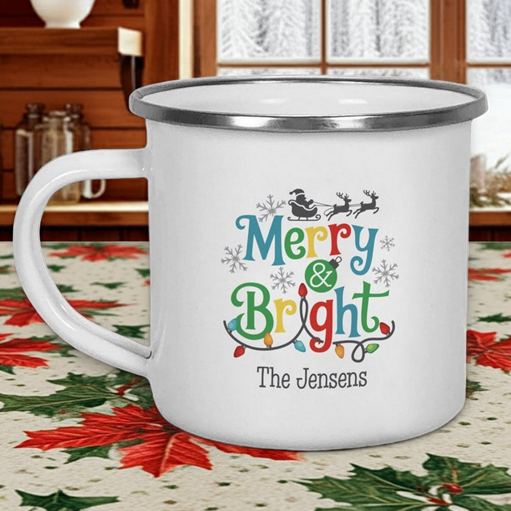 Custom printed Christmas mug with 'Merry & Bright' design and family name