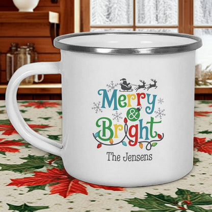Custom printed Christmas mug with 'Merry & Bright' design and family name