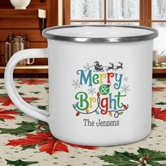 Custom printed Christmas mug with 'Merry & Bright' design and family name