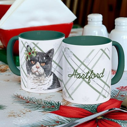 Christmas Mug featuring a charming cat illustration and green accents personalized with name