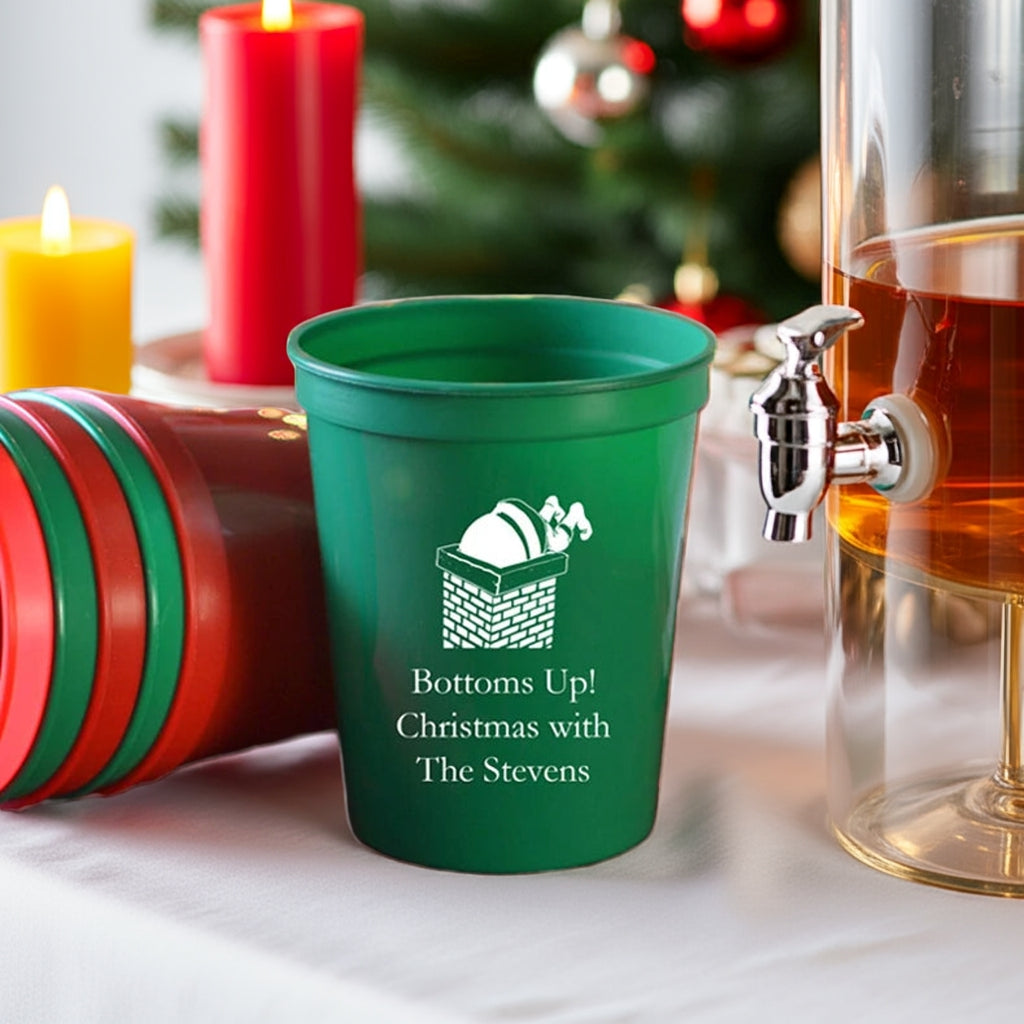 Tippytoad green Christmas party stadium cups with festive design for holiday celebrations